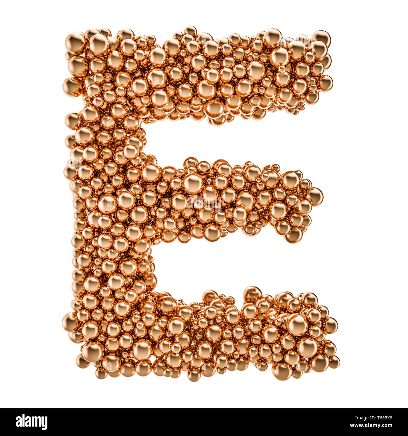 Golden letter E from gold balls, 3D rendering isolated on white ...