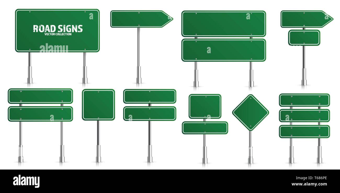 Road Green Traffic Signs Set Blank Board With Place For Text Mockup Isolated Information Sign Direction Vector Illustration Stock Vector Image Art Alamy