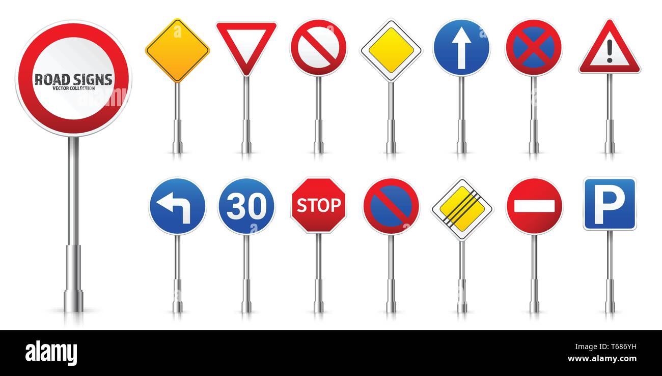 Road highway regulatory signs set. Traffic control and lane usage. Stop