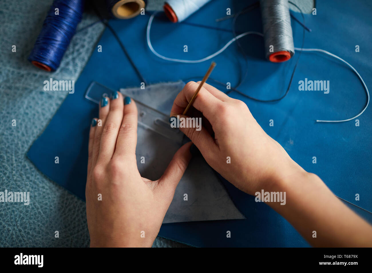 Tailor Sewing Leather Closeup Stock Photo