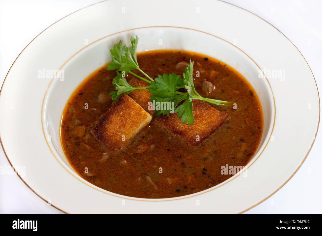 kidney soup served with croutons and parsley sprigs Stock Photo