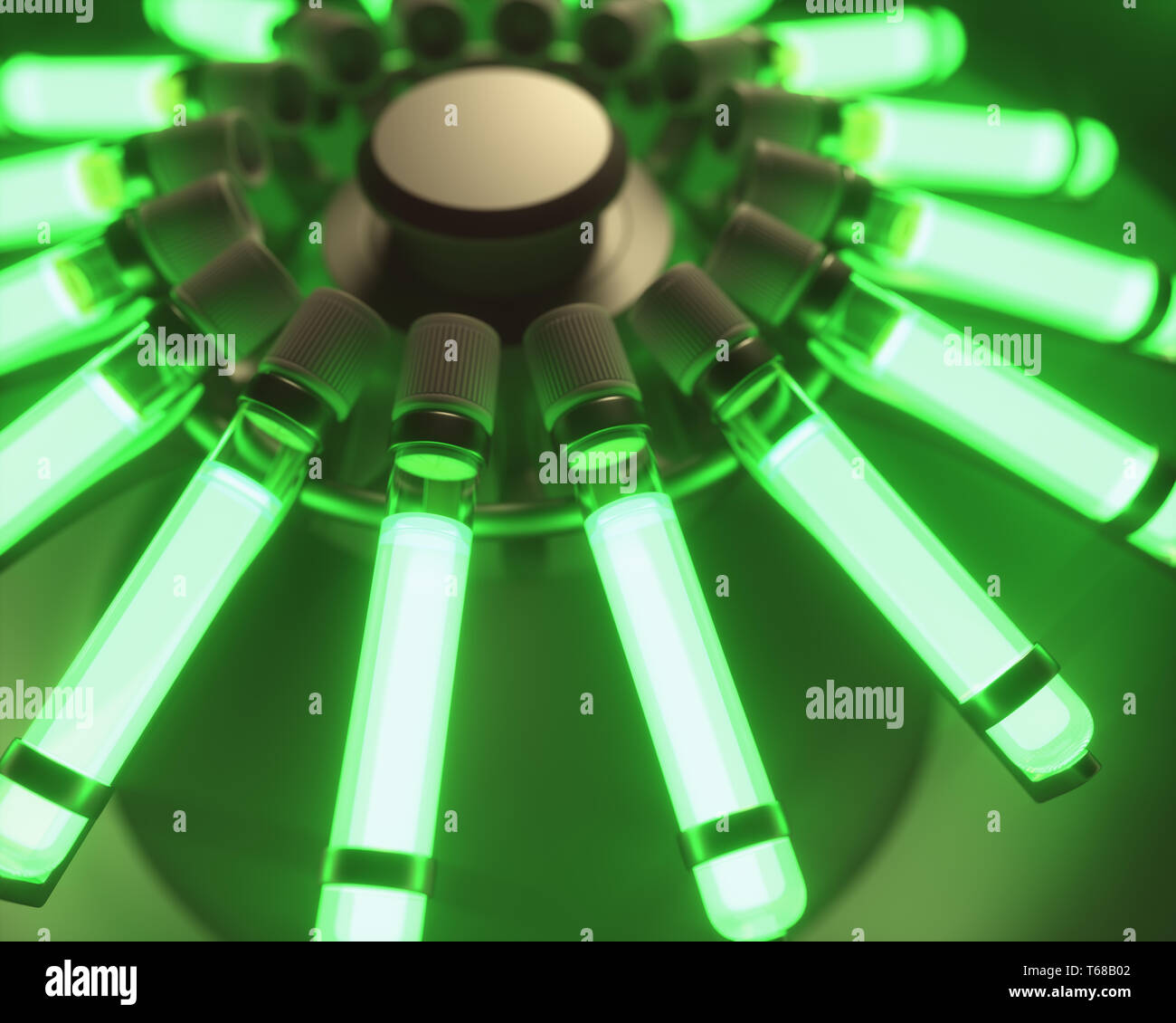 Centrifugal machine with several test tubes with chemical luminescent material. 3D illustration. Stock Photo