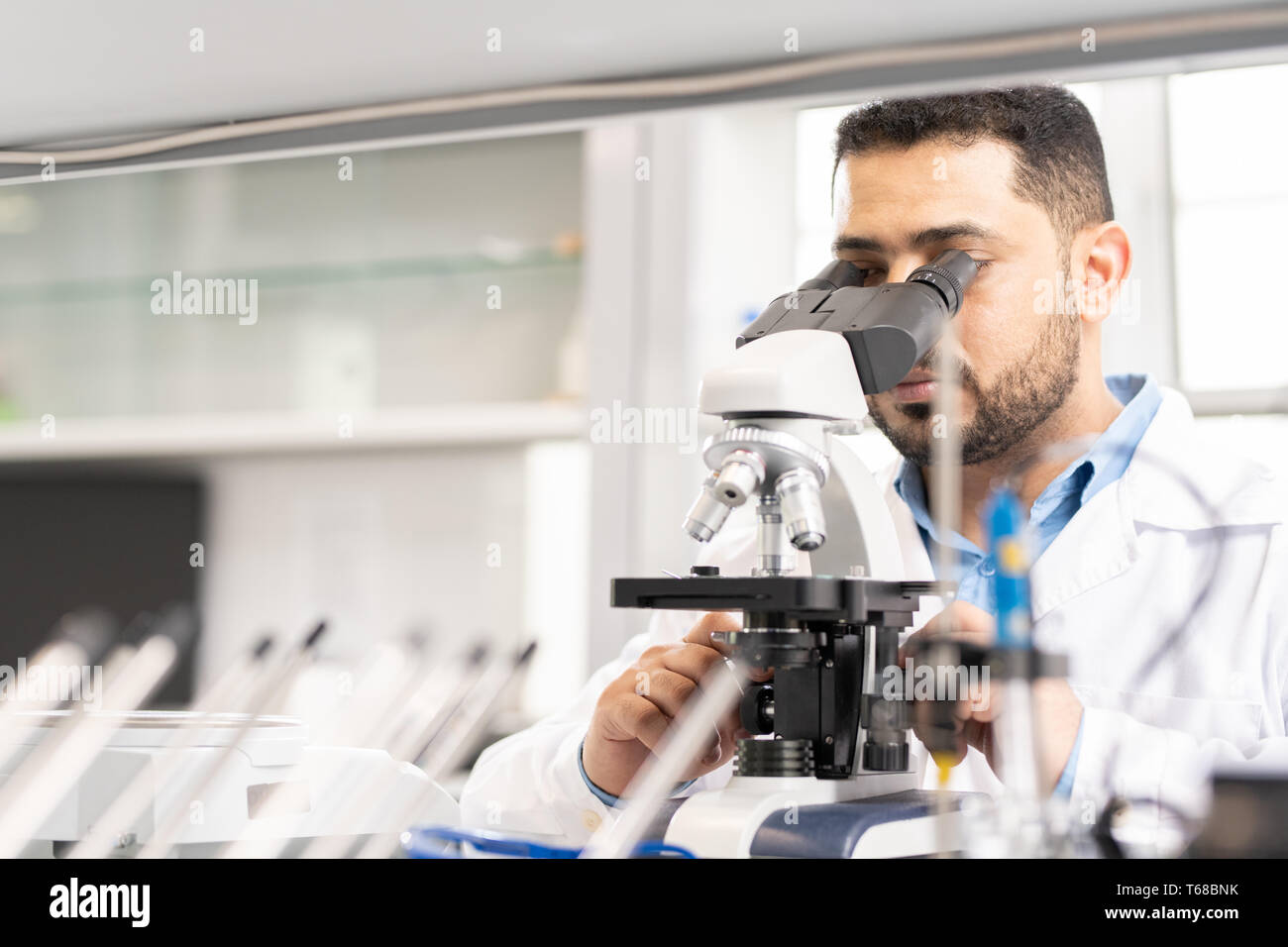 Arabian scientist using microscope Stock Photo