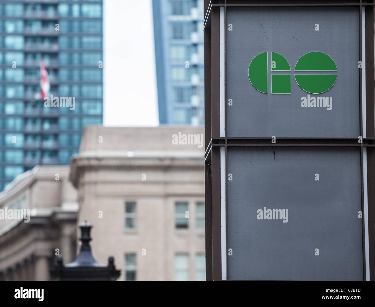 TORONTO, CANADA - NOVEMBER 13, 2018: GO Transit logo in front of Union Station in Dowtown Toronto. Go Transit is the regional transport and railway sy Stock Photo