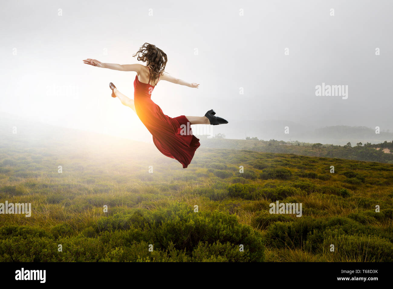 Young and beautiful female dancer in a red dress. Mixed media Stock ...