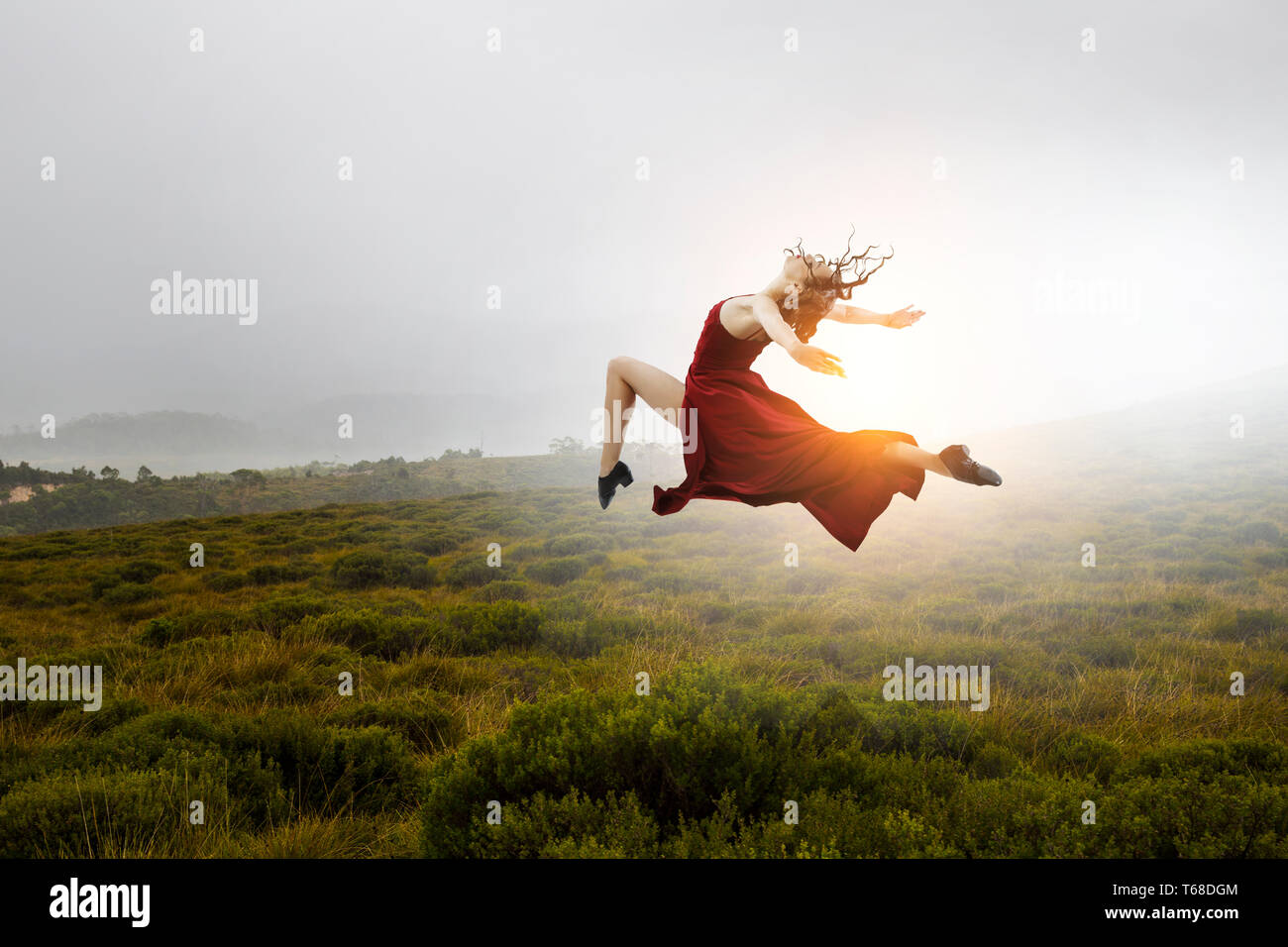 Young and beautiful female dancer in a red dress. Mixed media Stock ...