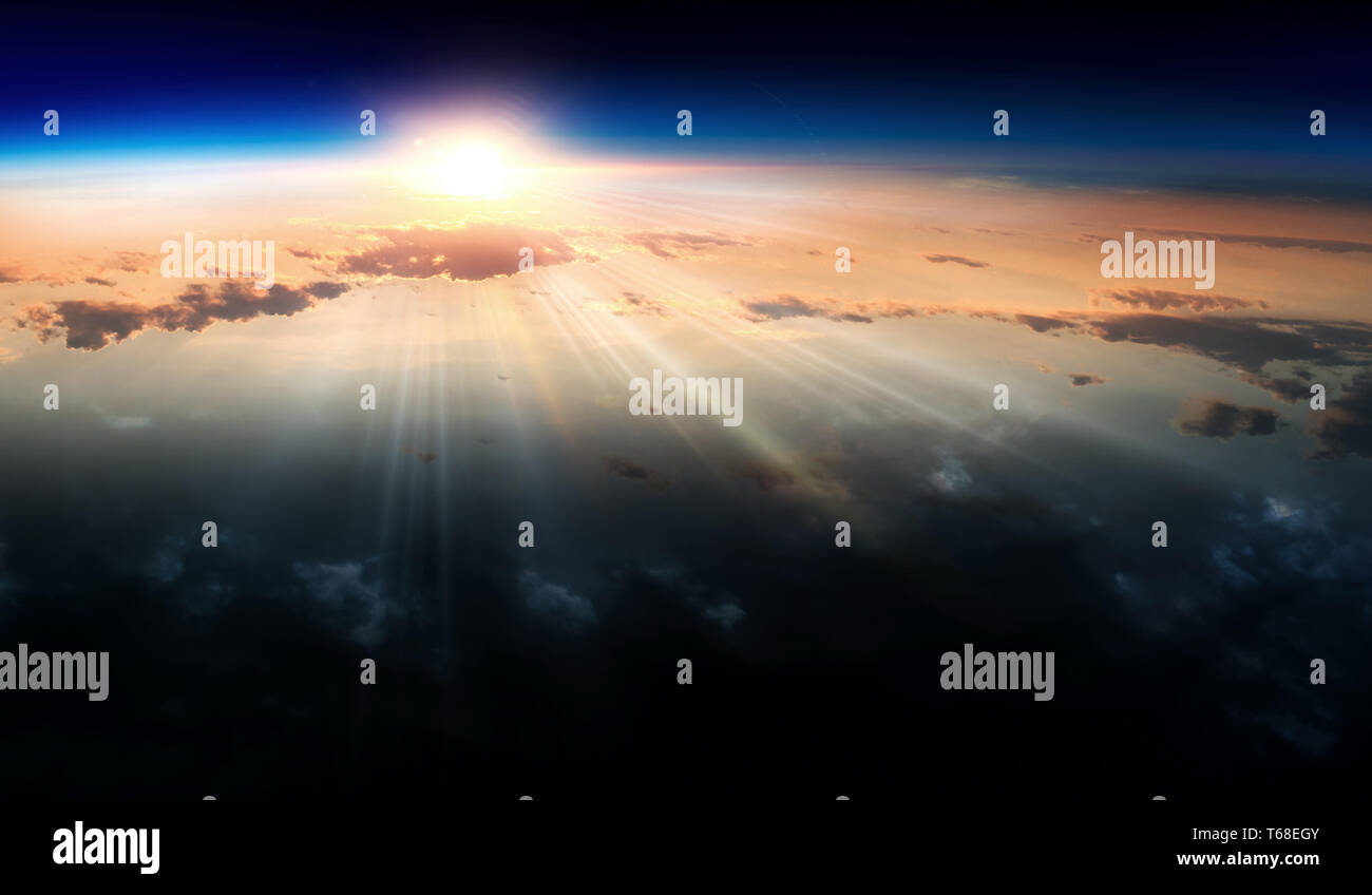 Earth with sunrise on blue space background Stock Photo - Alamy