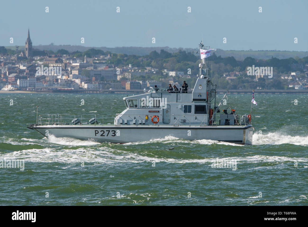 Royal Navy Archer Class patrol boat from the 1st Patrol Boat Squadron heads out to sea for a training exercise off Portsmouth, UK on 25/4/19. Stock Photo