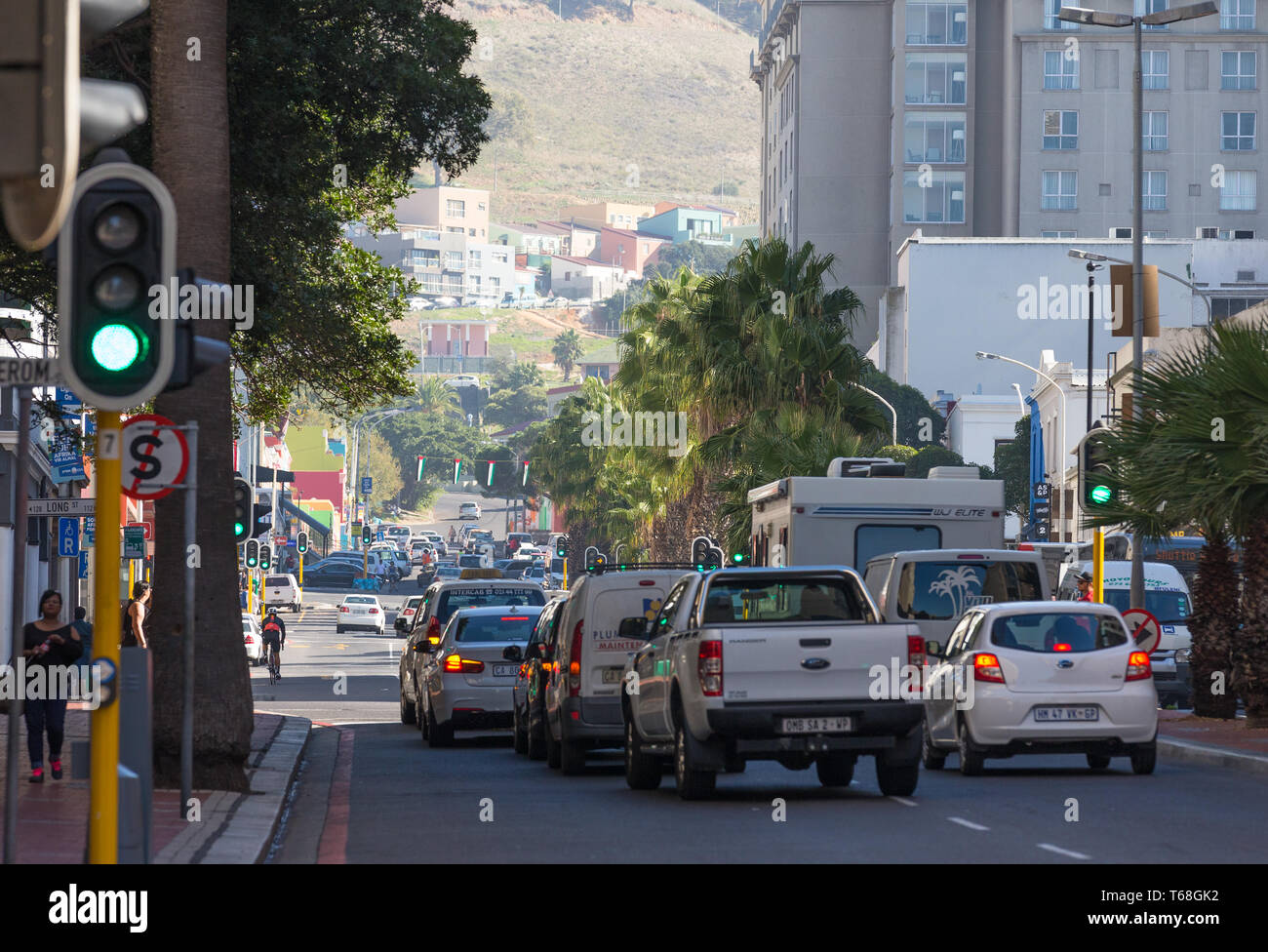 cars stopped and waiting at traffic lights in the city centre of Cape
