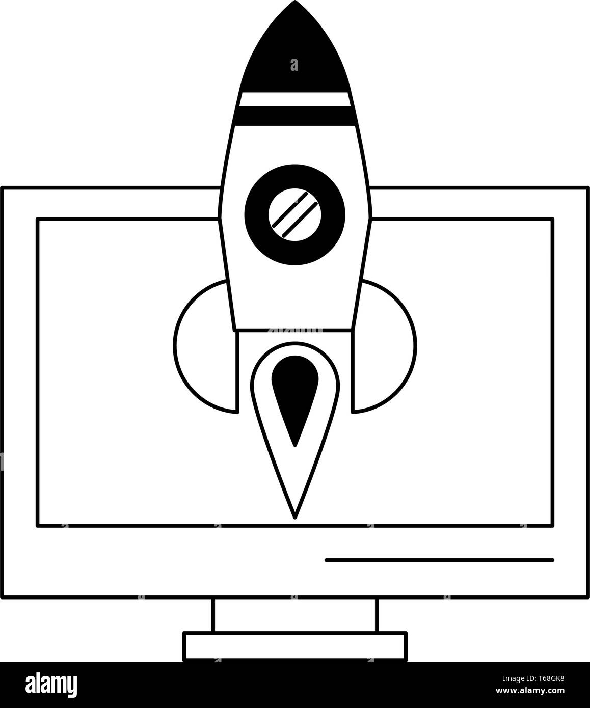 computer and rocket in black and white Stock Vector