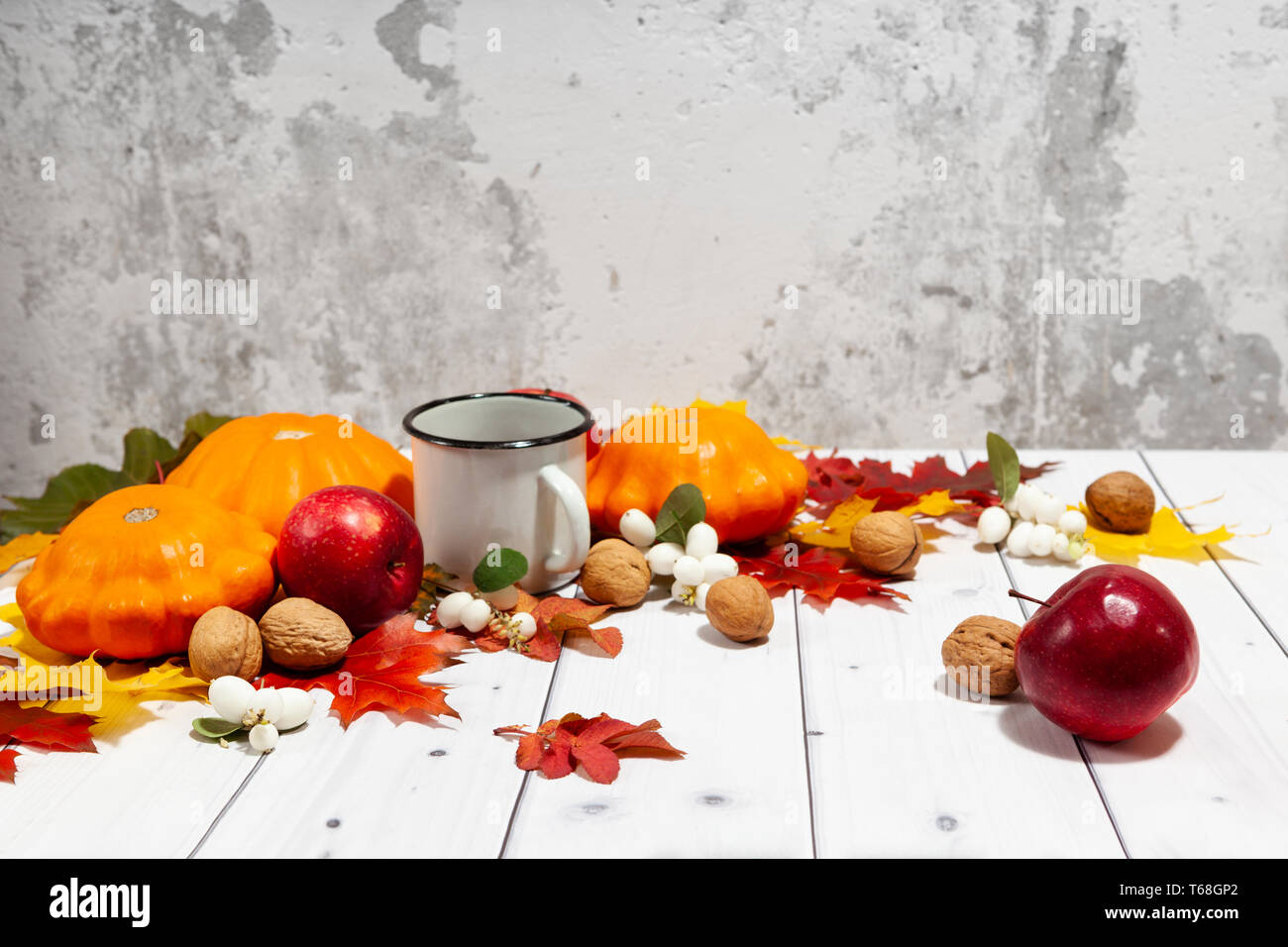 Autumn background with pumpkins and apples Stock Photo