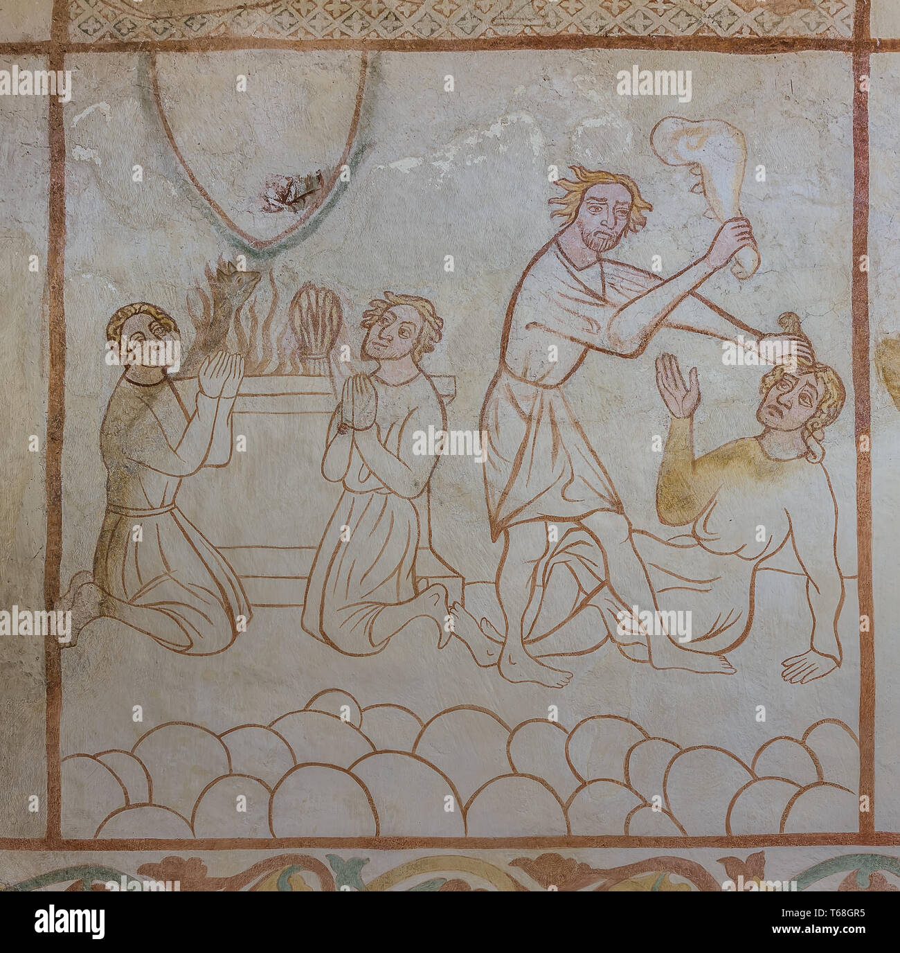 Sacrifices to God and Cain slaying Abel, a 500 years old gotic mural in Tirsted church, Denmark, April 17, 2019 Stock Photo