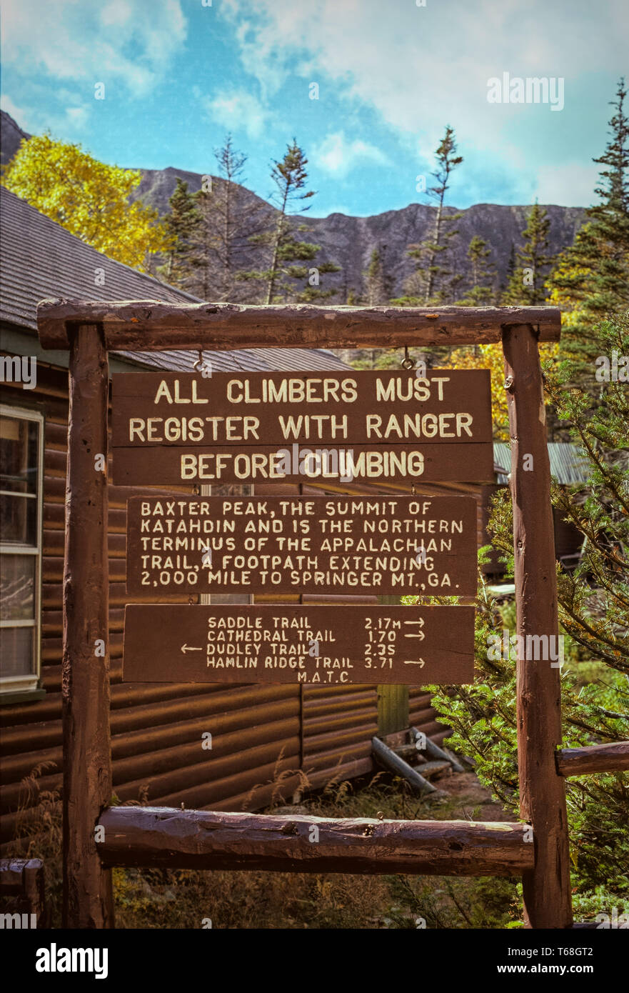 Upper mountain trail sign at Baxter State Park in Maine Stock Photo