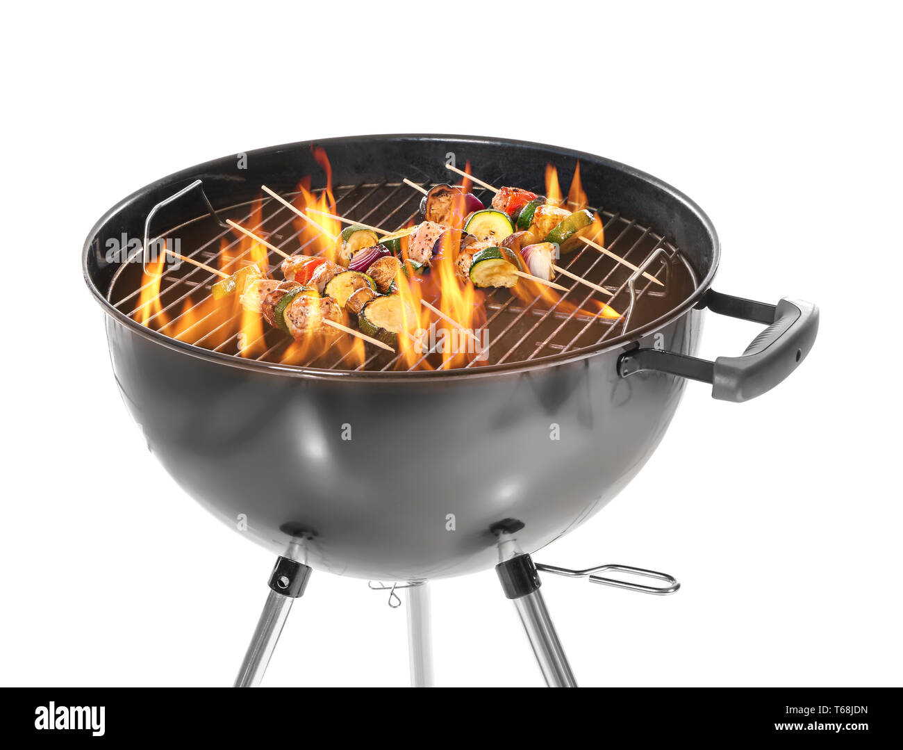 Cooking of delicious kebabs on barbecue grill against white background