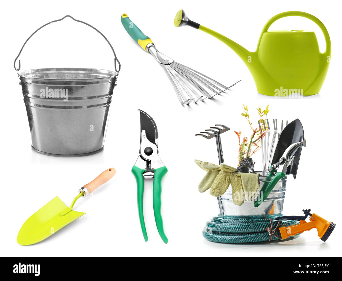 Set of gardening equipment on white background Stock Photo - Alamy