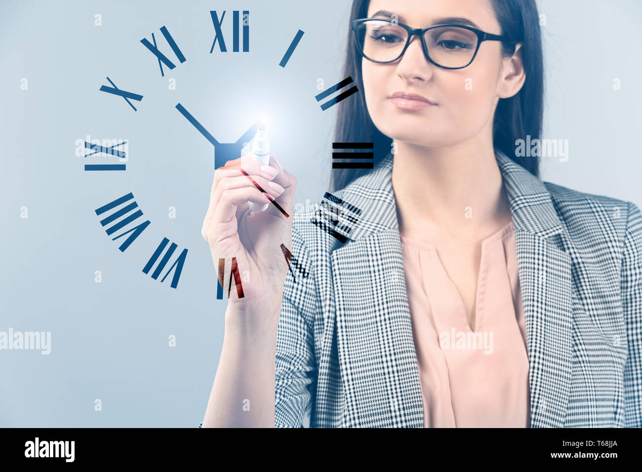 Businesswoman with virtual clock on light background. Time management