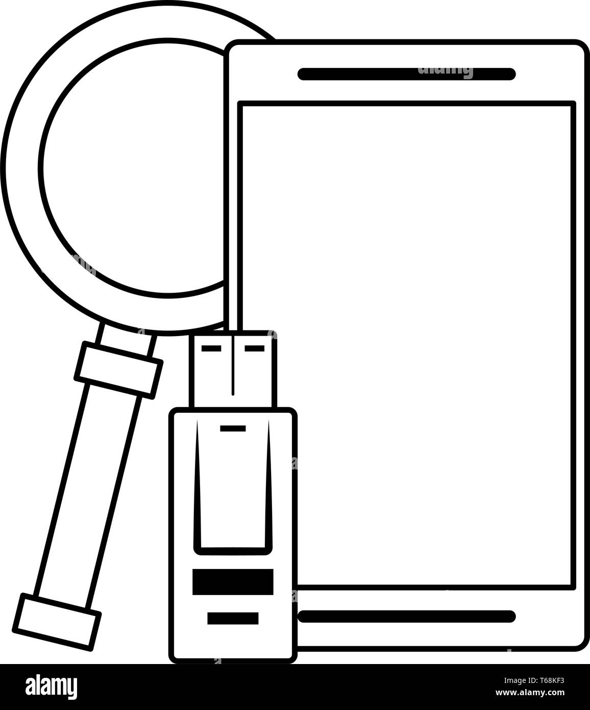 cellphone with magnifying glass and usb in black and white Stock Vector ...