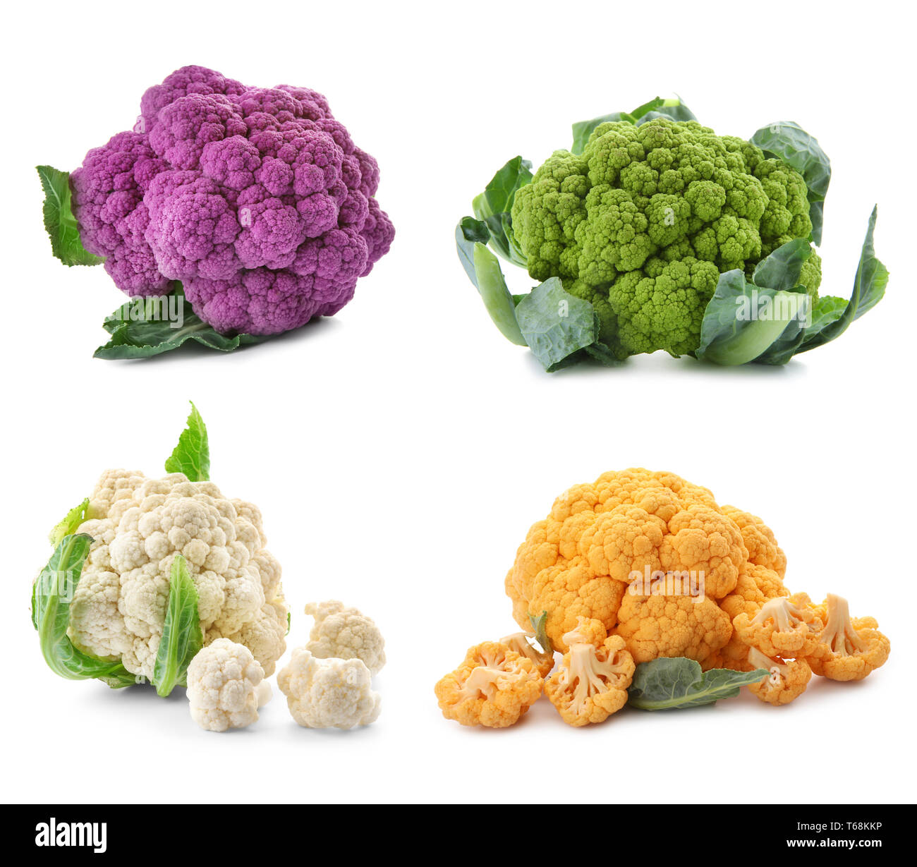 Different kinds of cauliflower cabbage on white background Stock Photo
