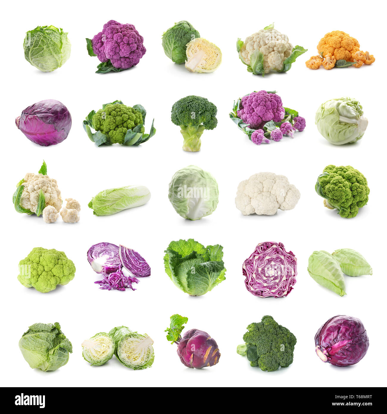 Different kinds of cabbage on white background Stock Photo Alamy