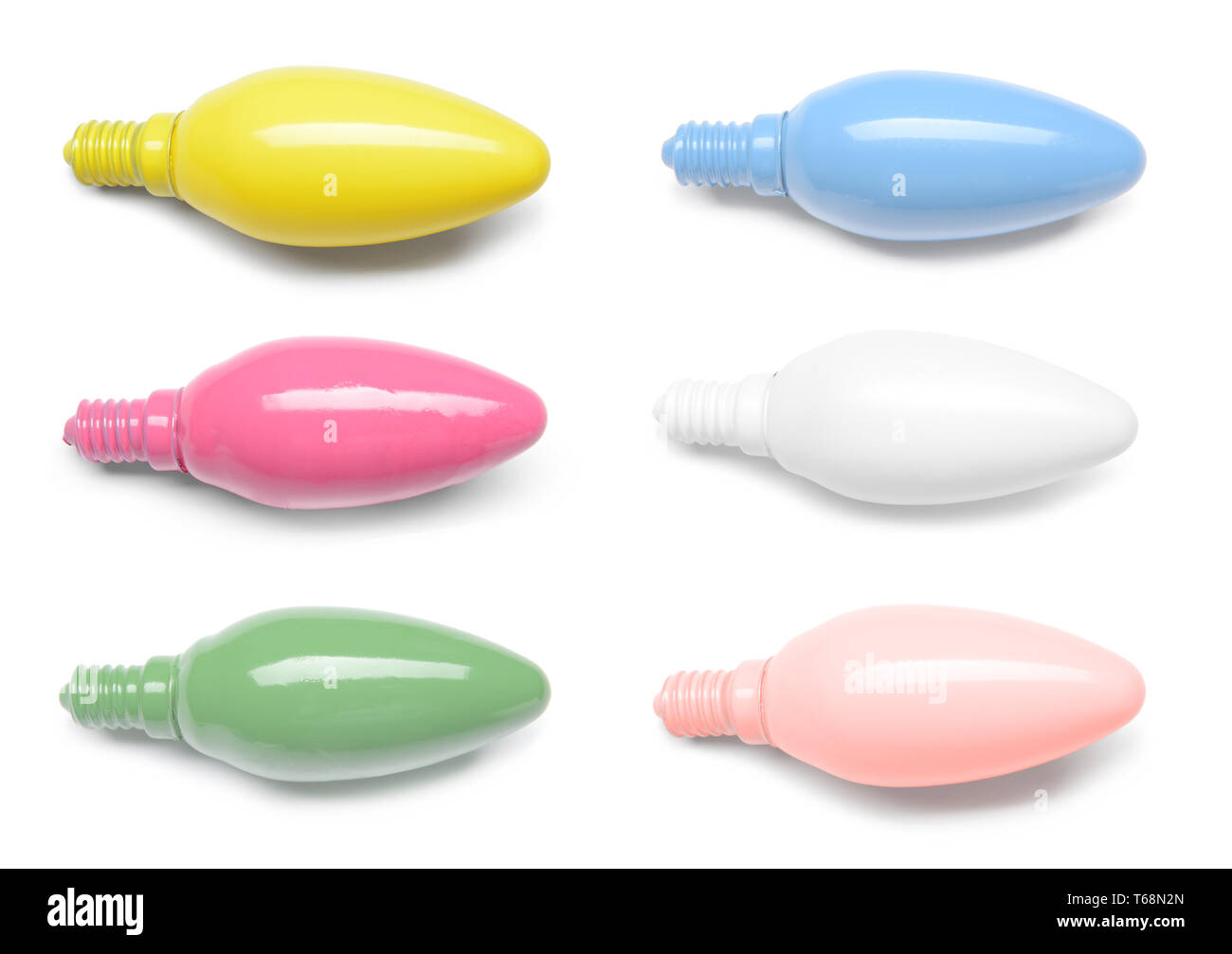 Different painted light bulbs on white background Stock Photo