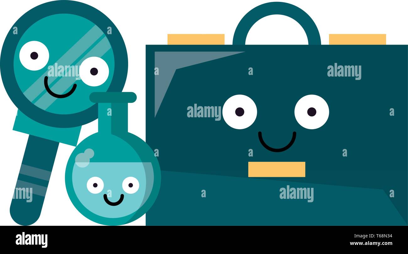Business briefcase with magnifying glass and flask Stock Vector
