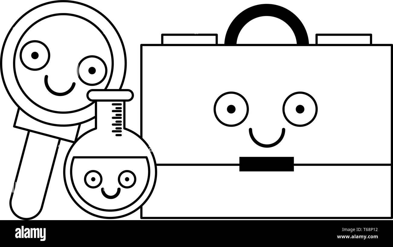 Business briefcase with magnifying glass and flask in black and white Stock Vector