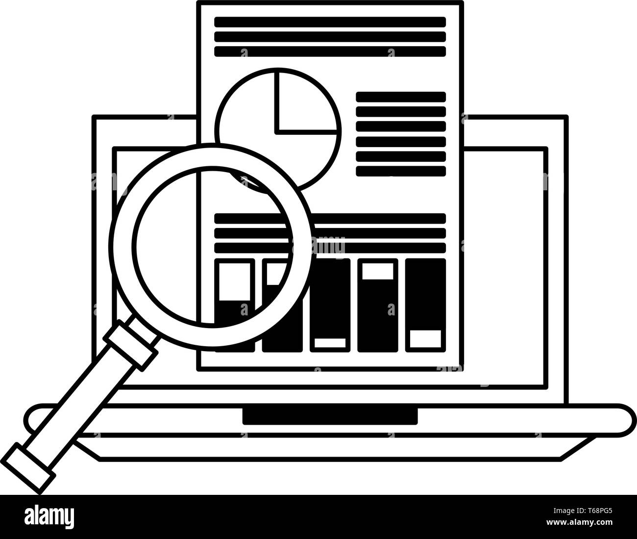 computer with magnifying glass and document in black and white Stock ...