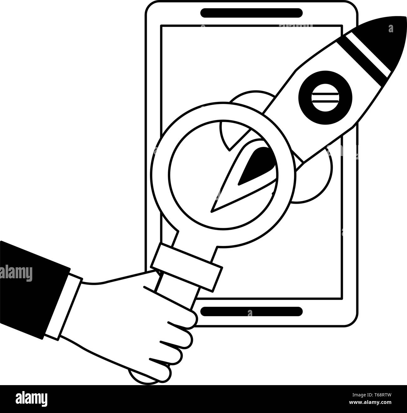 tablet with rocket and magnifying glass in black and white Stock Vector ...