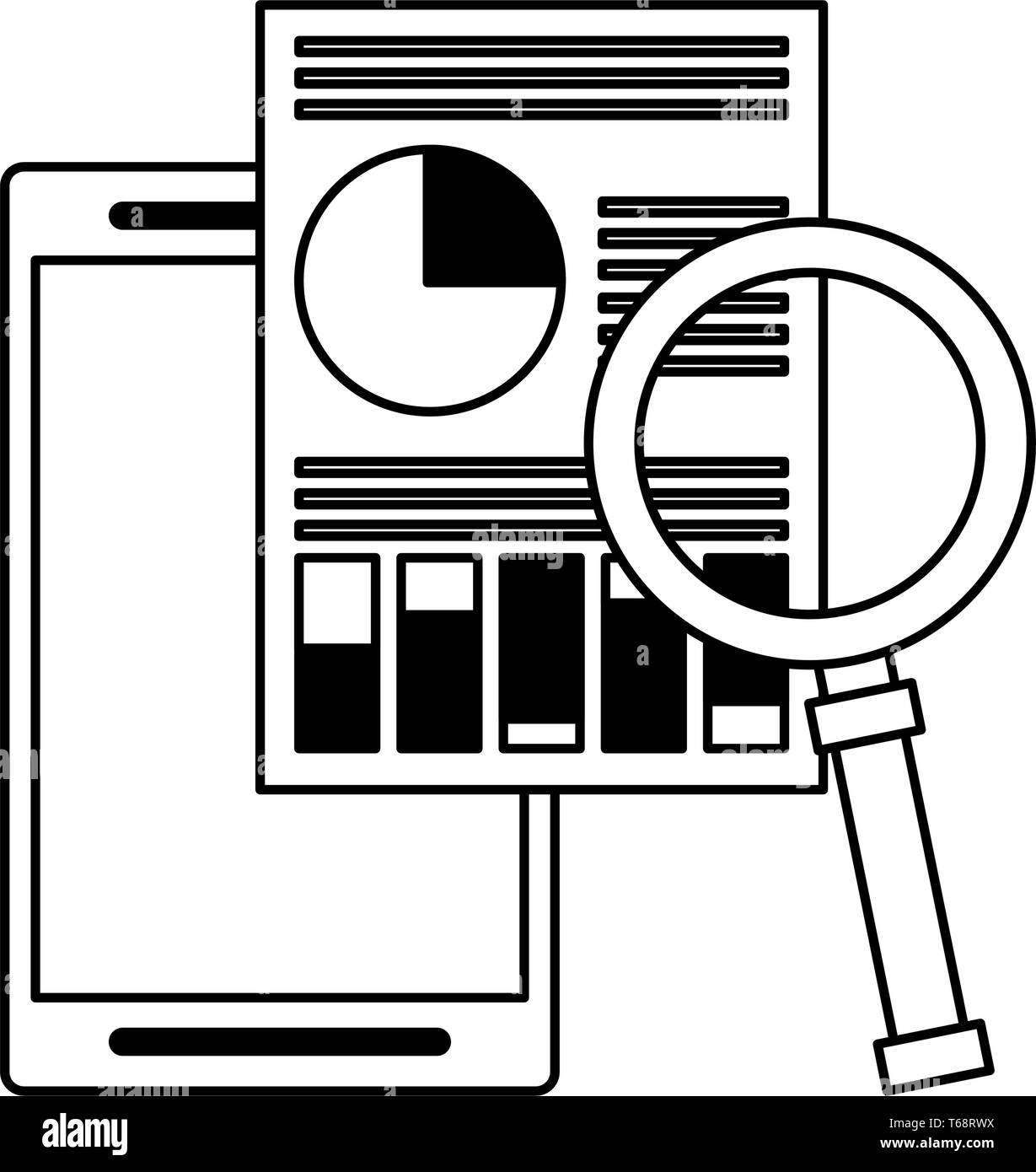 cellphone with documents and magnifying glass in black and white Stock ...