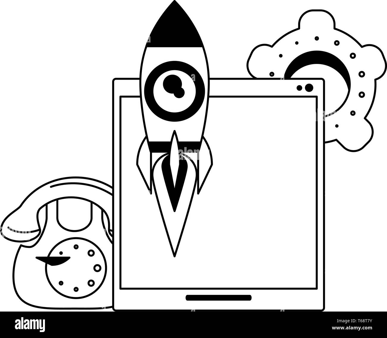 tablet with rocket telephone and gears in black and white Stock Vector ...