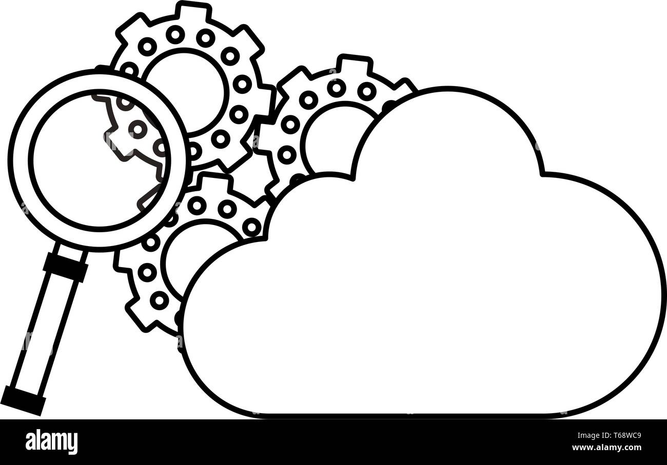 magnifying glass gears and cloud in black and white Stock Vector Image ...