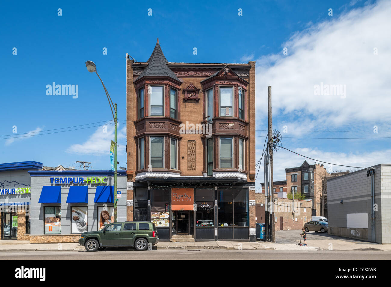 Commercial buildings in the Clybourn Corridor in the Lincoln Park neighborhood Stock Photo
