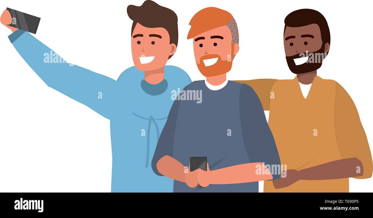 Millennial group smartphone taking selfie smiling posing afro redhead bearded vector illustration graphic design Stock Vector