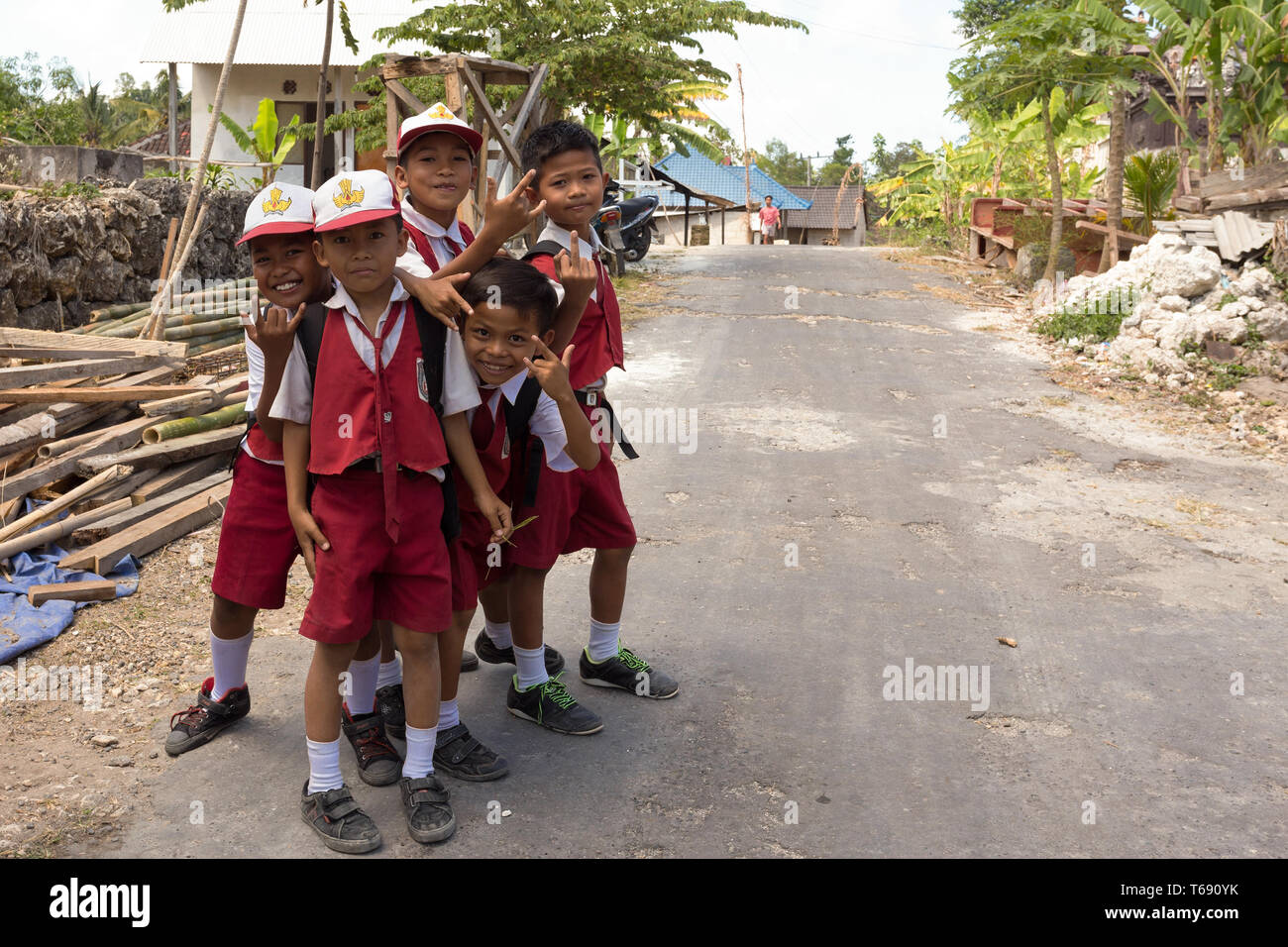 Balinese hindu boys in school uniform Stock Photo