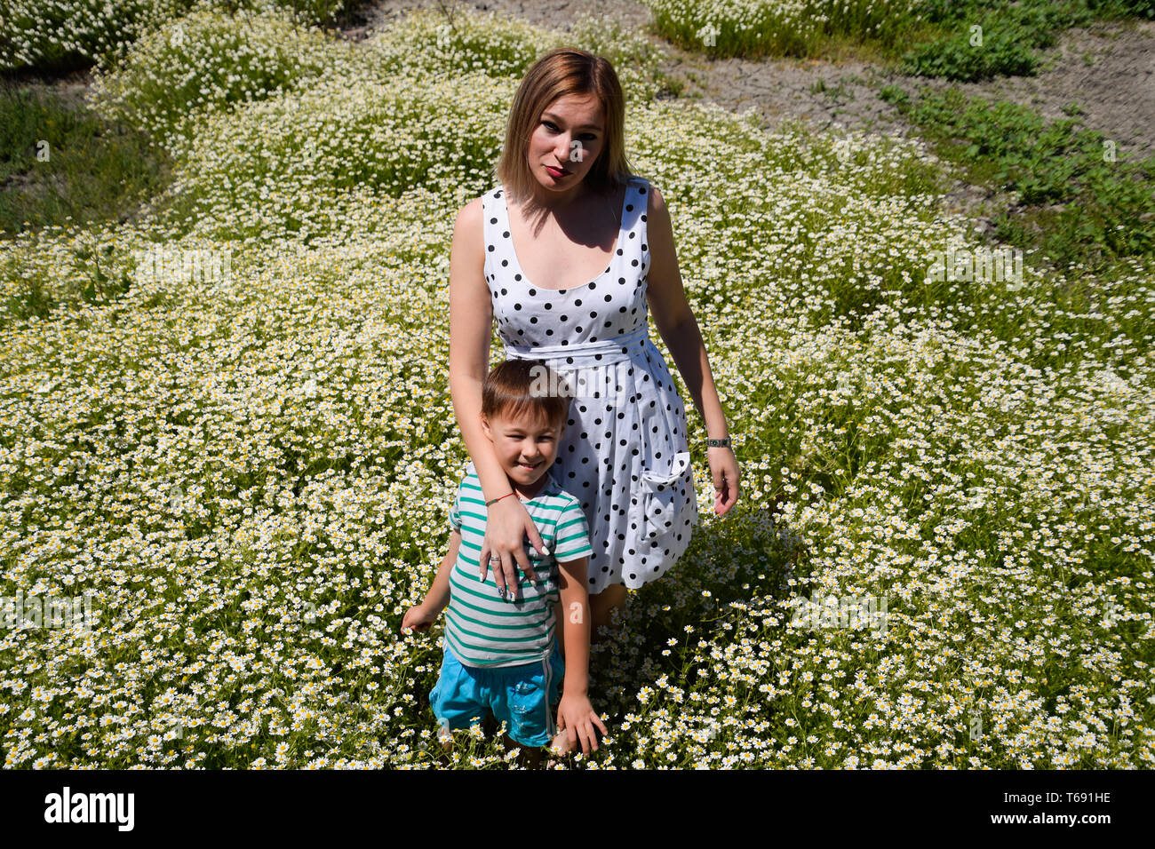 Woman with her son in a field of daisies. Family photo in daisy colors ...