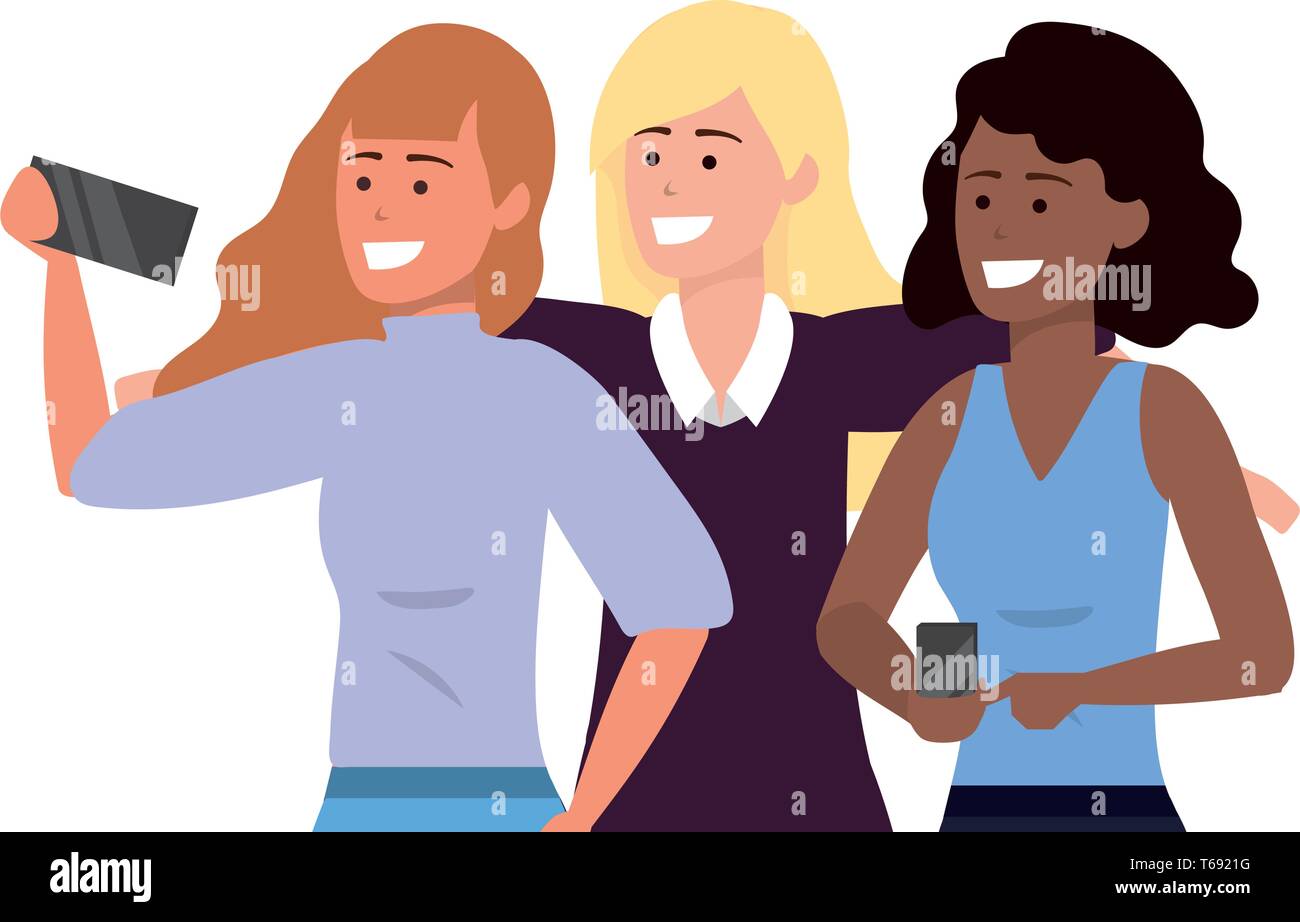 Millennial group smartphone taking selfie smiling posing redhead blonde vector illustration graphic design Stock Vector