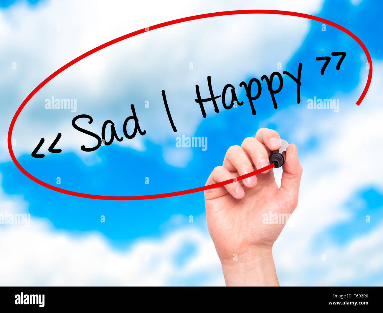 Sad Hand Writing Man Hand writing Sad - Happy with black marker on visual screen Stock ...