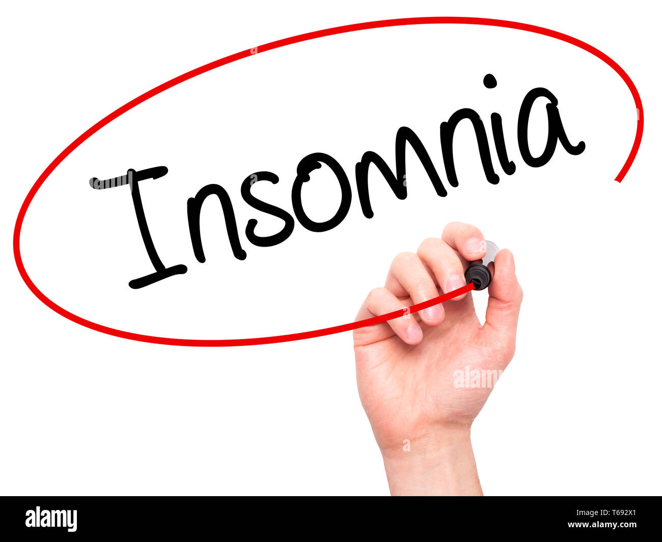 Man Hand writing Insomnia with black marker on visual screen Stock