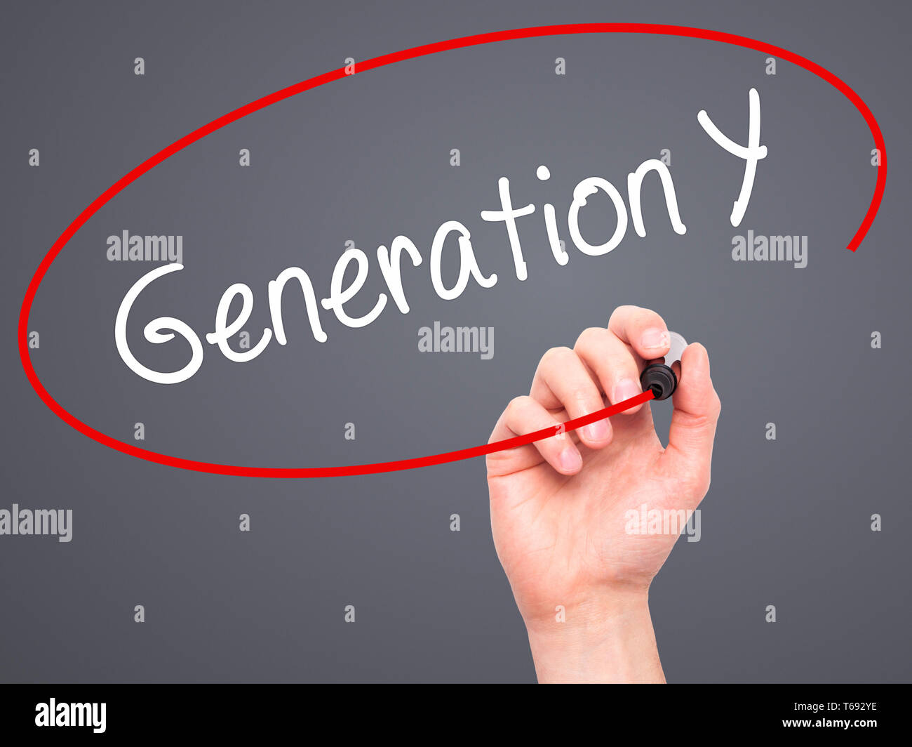 Writting Gen Man Hand writing Generation Y with black marker on visual screen Stock ...