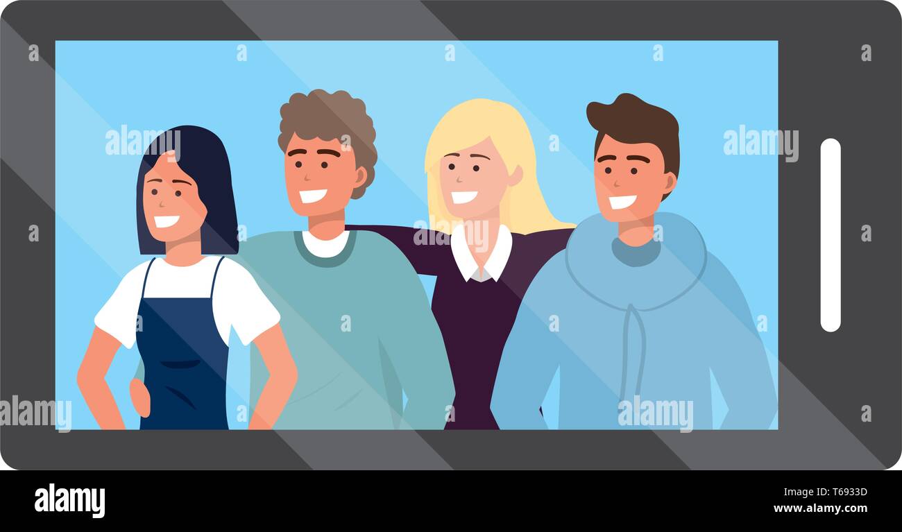 Smartphone app video call friends group smiling happy together blonde vector illustration graphic design Stock Vector