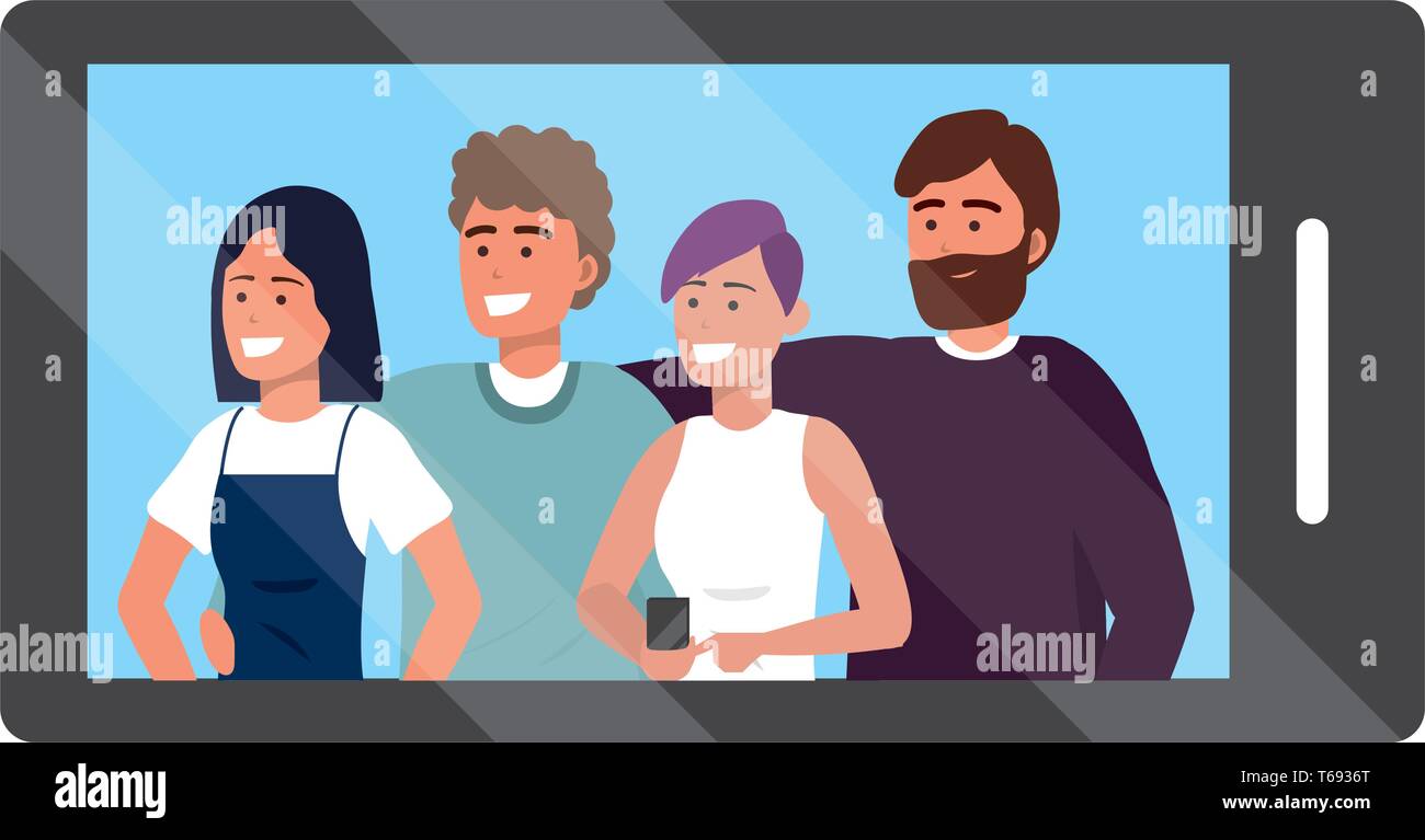 Smartphone app video call friends group smiling happy together bearded vector illustration graphic design Stock Vector