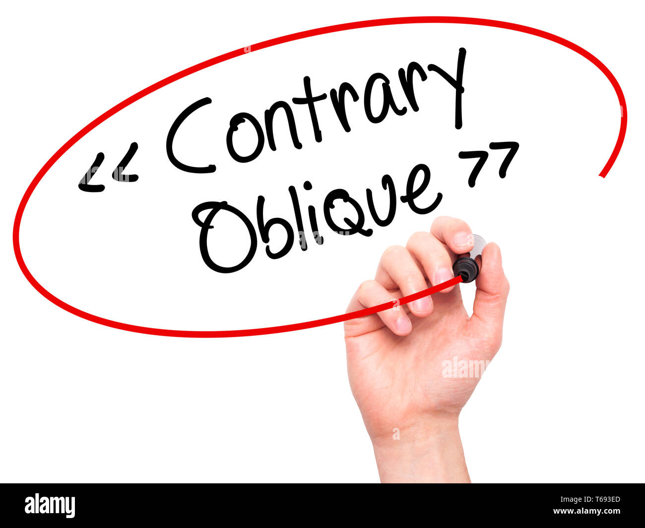 Man Hand writing Contrary - Oblique with black marker on visual screen Stock Photo