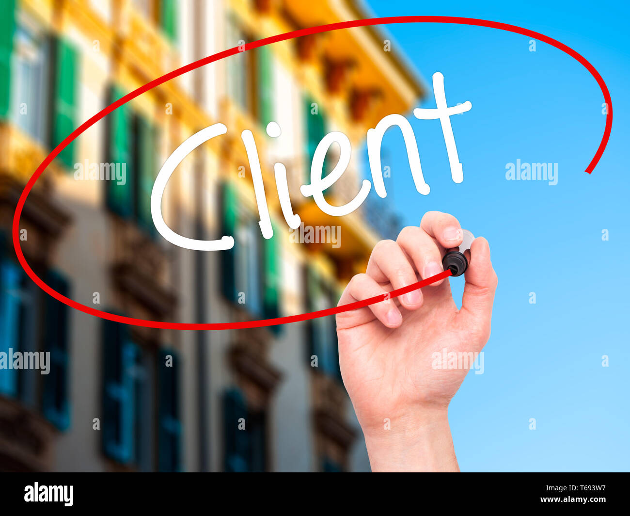 Man Hand writing Client with black marker on visual screen Stock Photo ...