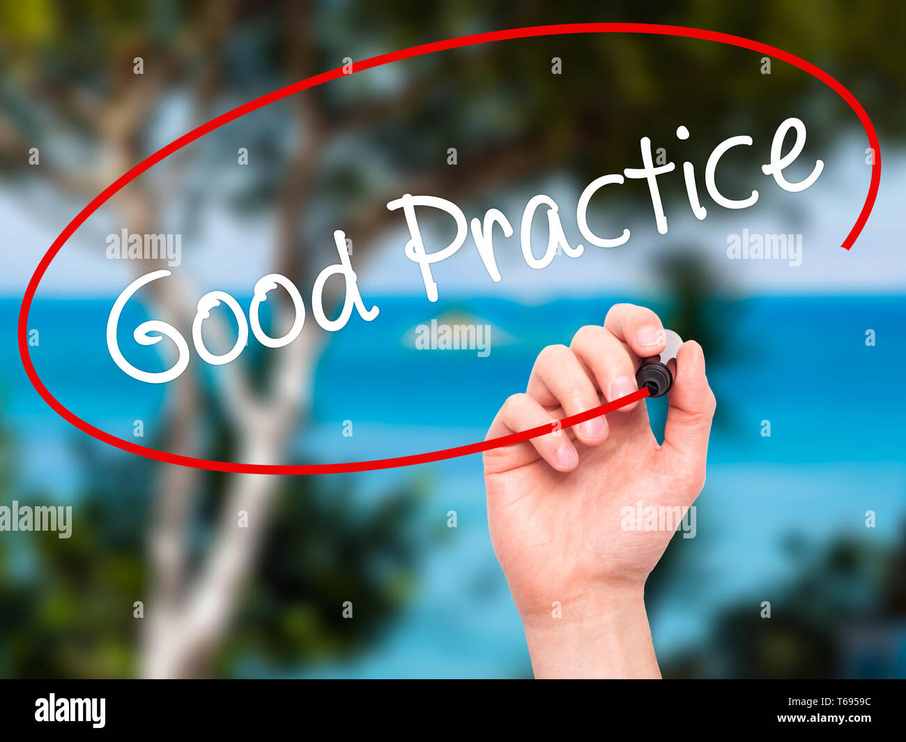 Man Hand writing Good Practice with black marker on visual screen. Stock Photo
