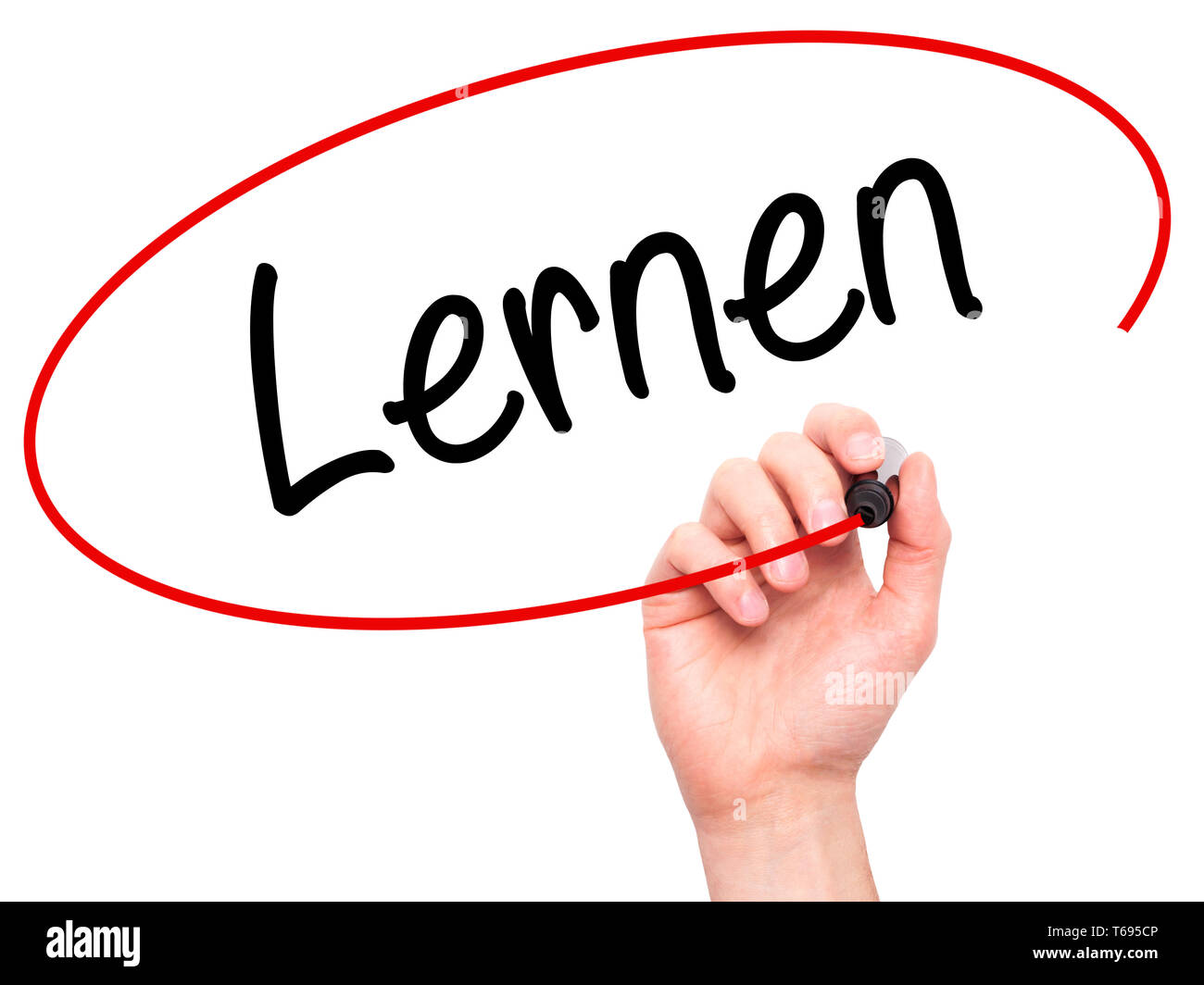 Man Hand writing Lernen (Learn in German) with black marker on visual screen. Stock Photo