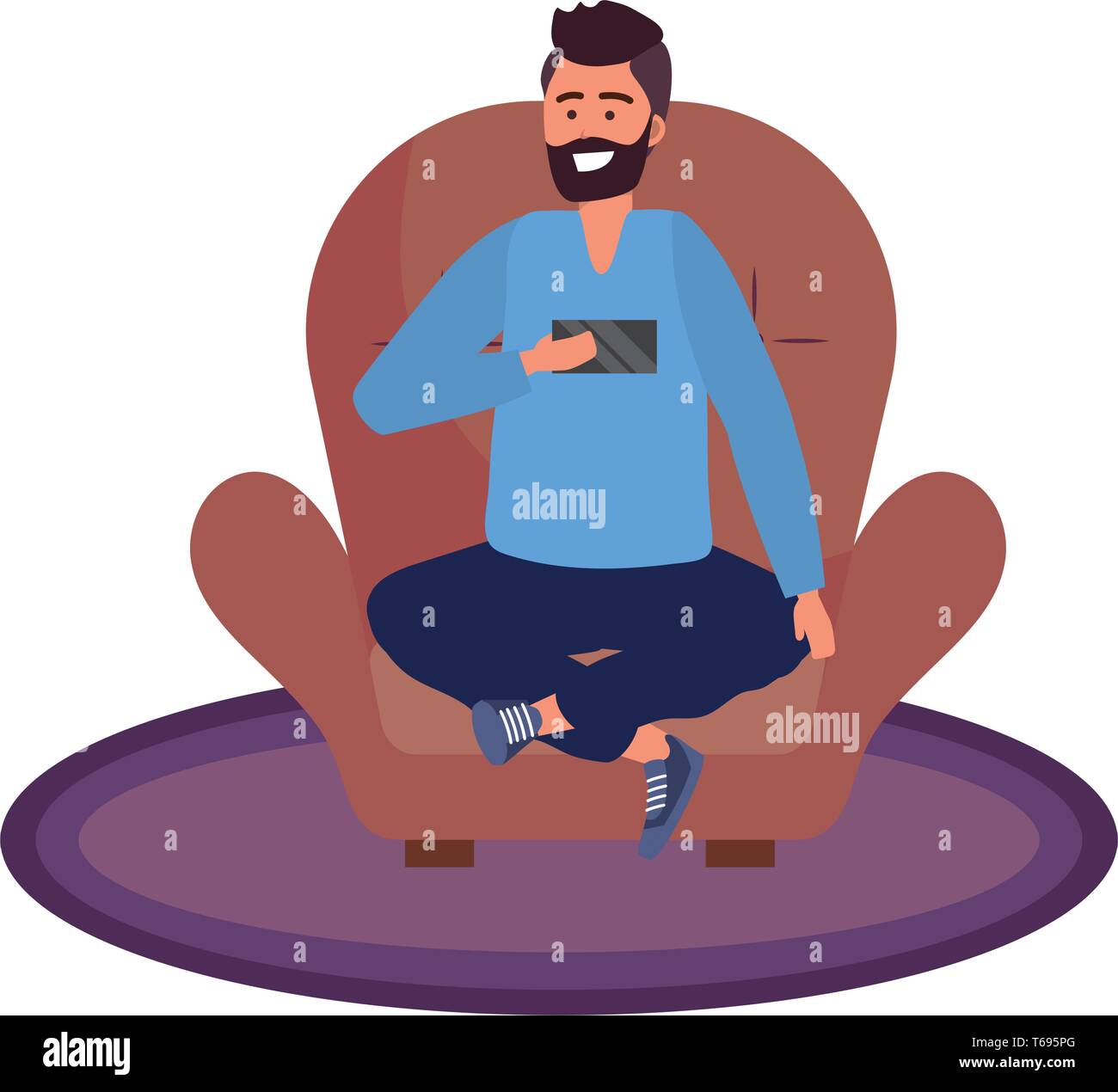 Millennial person stylish outfit sitting in couch taking selfie texting bearded caucasian  vector illustration graphic design Stock Vector
