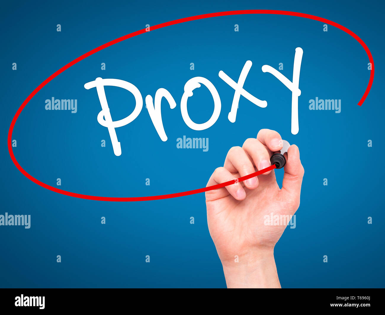 Man Hand writing Proxy with black marker on visual screen. Stock Photo