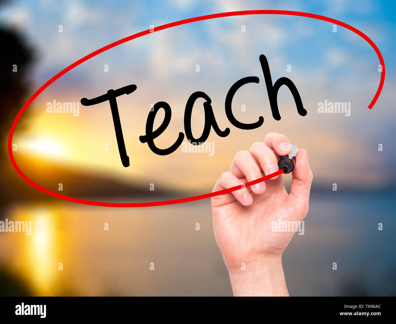 Man Hand writing Teach with black marker on visual screen Stock Photo ...