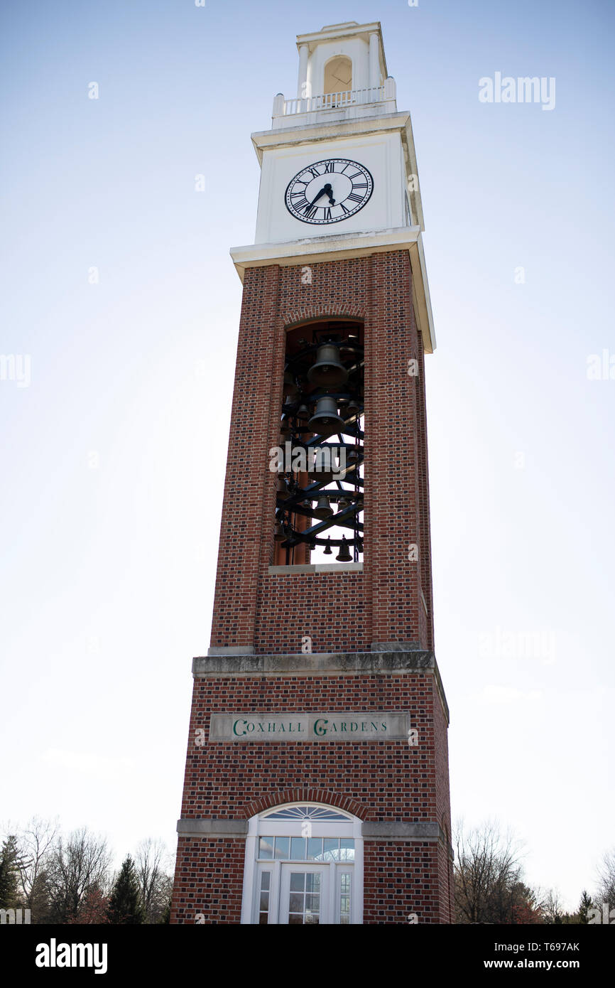 The east bell tower at Coxhall Gardens in Carmel, Indiana, USA Stock