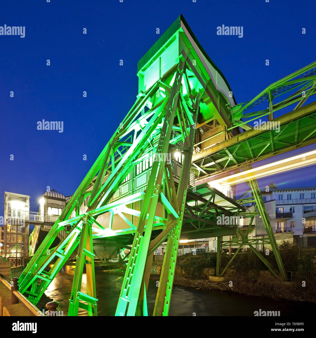 illuminated Wuppertal suspension railway station Werther Bruecke, North